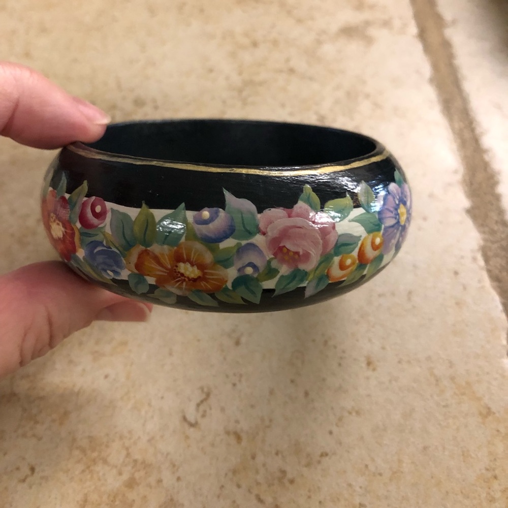 Hand-painted floral on black background wood bracelet